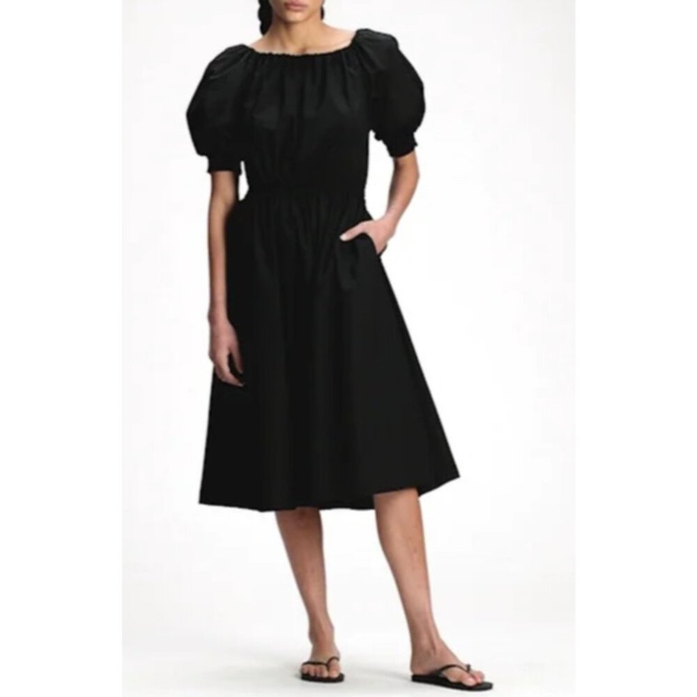 Gap Midi Dress M Medium Black Puff Sleeve Pockets Cotton Poplin A Line Washable